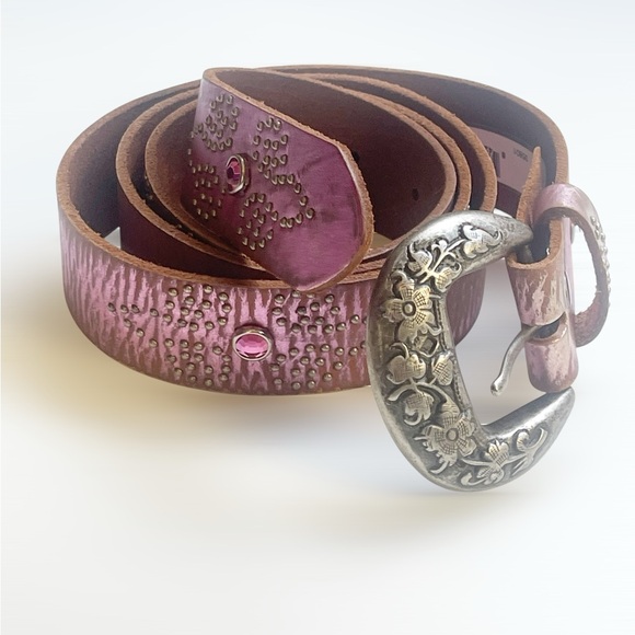 BILL ADLER DESIGN Belt Metallic Pink Leather Stud Flower Buckle Western